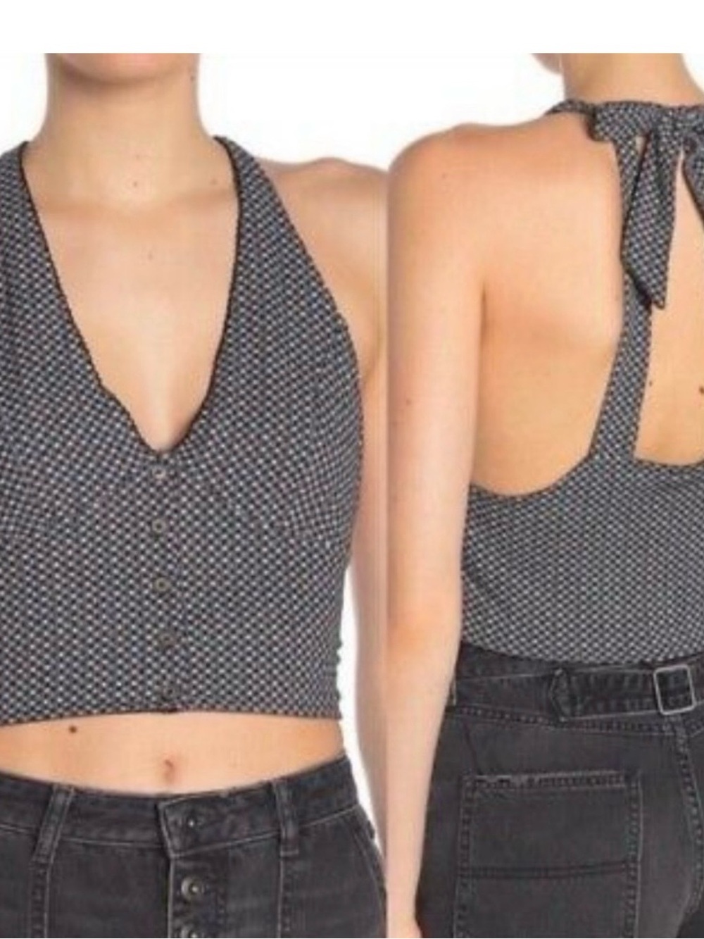 Free People Black & White Geometric Design Picnic Halter Crop Top